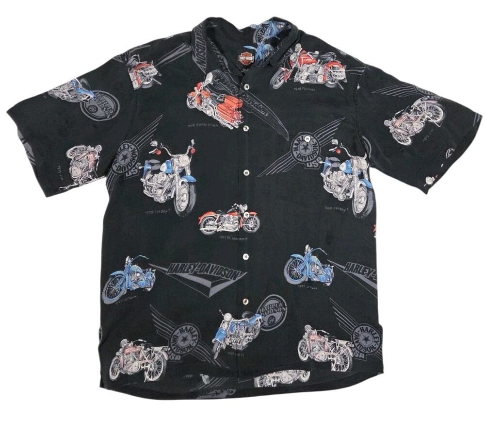 Harley Davidson AOP Silk Shirt Button-Up Biker Motorcycle Black Tori Richard Lg